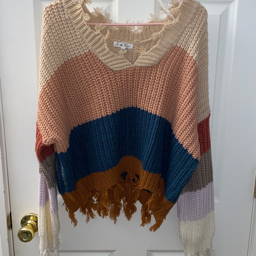 colorful distressed v neck sweater
